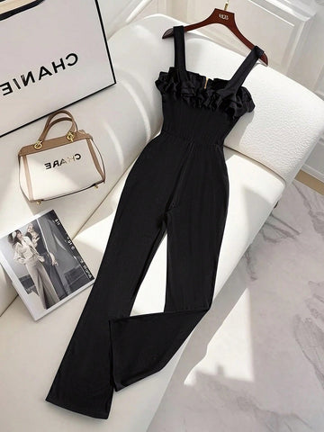 Rafferiza 1pc Elegant Ruffle Trim Zipper Decor Jumpsuit