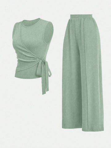 2pcs Set Women Solid Color Side Tie Tank Top And Wide Leg Pants