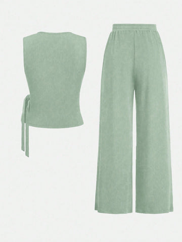 2pcs Set Women Solid Color Side Tie Tank Top And Wide Leg Pants