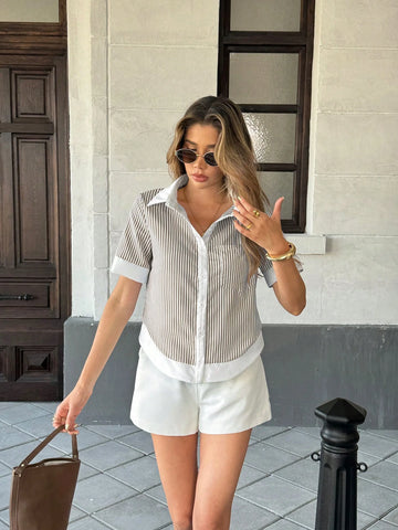 Women's Striped Patchwork Contrast Color Lapel Pocket Short Sleeve Casual Shirt