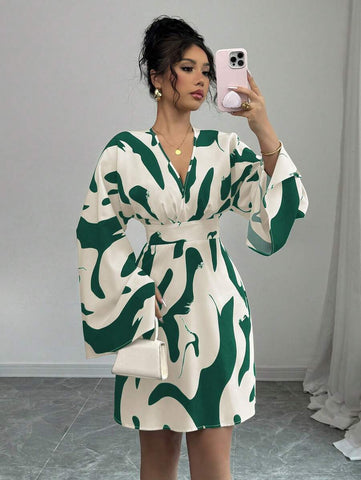 Elenzga Shirred Long Sleeve Cinched Waist Backprint Floral Casual Vacation Dress