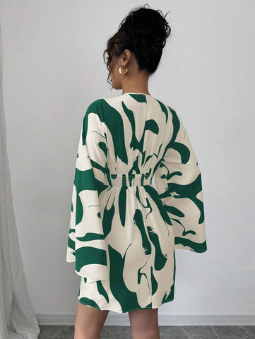Elenzga Shirred Long Sleeve Cinched Waist Backprint Floral Casual Vacation Dress