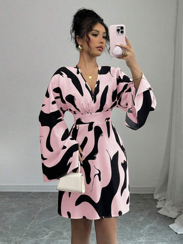 Elenzga Shirred Long Sleeve Cinched Waist Backprint Floral Casual Vacation Dress
