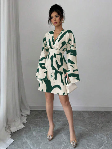 Elenzga Shirred Long Sleeve Cinched Waist Backprint Floral Casual Vacation Dress