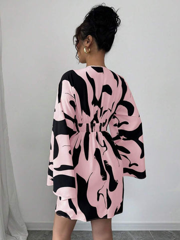 Elenzga Shirred Long Sleeve Cinched Waist Backprint Floral Casual Vacation Dress
