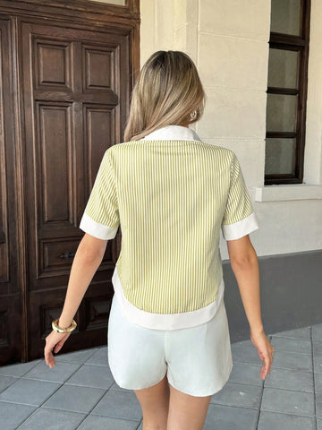 Women's Striped Patchwork Contrast Color Lapel Pocket Short Sleeve Casual Shirt