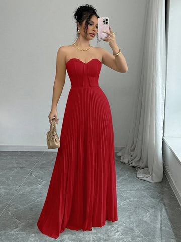Elenzga Strapless Ruched Waist A-Line Elegant & Romantic Dress
