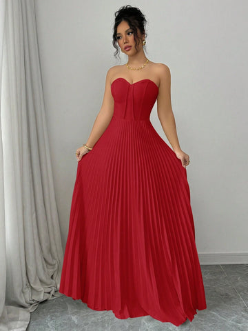 Elenzga Strapless Ruched Waist A-Line Elegant & Romantic Dress
