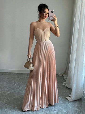 Elenzga Strapless Ruched Waist A-Line Elegant & Romantic Dress