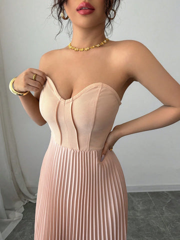 Elenzga Strapless Ruched Waist A-Line Elegant & Romantic Dress