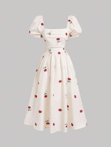 MOD Base Rose Flower Puff Sleeve Chest Ruched Waist Cinched Dress