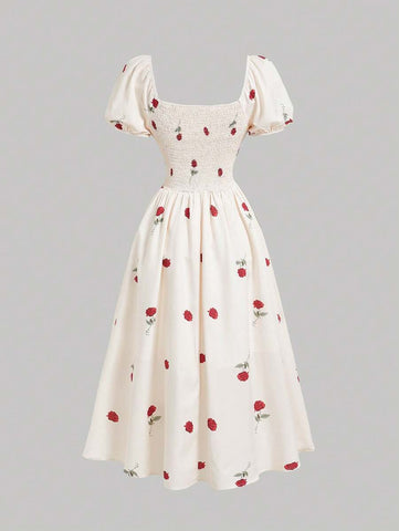MOD Base Rose Flower Puff Sleeve Chest Ruched Waist Cinched Dress