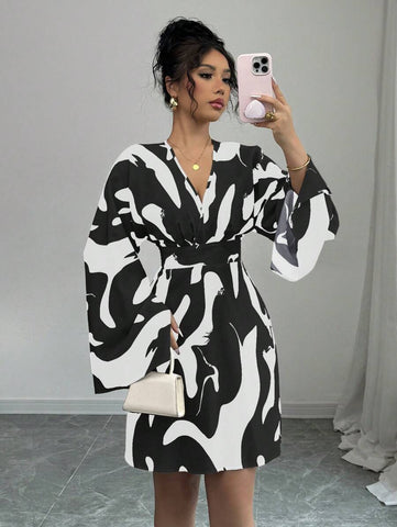 Elenzga Shirred Long Sleeve Cinched Waist Backprint Floral Casual Vacation Dress