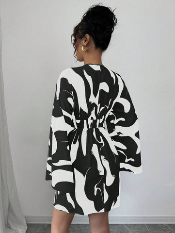 Elenzga Shirred Long Sleeve Cinched Waist Backprint Floral Casual Vacation Dress