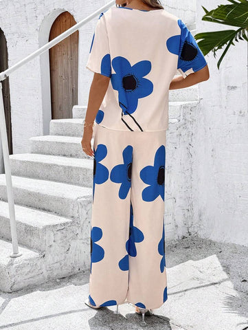 Clasi Women's Summer Casual Floral Printed Batwing Sleeve Shirt And Long Pants Set
