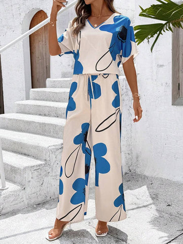Clasi Women's Summer Casual Floral Printed Batwing Sleeve Shirt And Long Pants Set