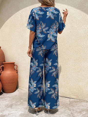 Clasi Women's Summer Casual Floral Printed Batwing Sleeve Shirt And Long Pants Set