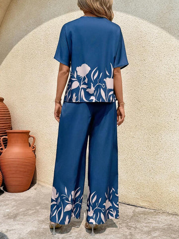 Clasi Women's Summer Casual Floral Printed Batwing Sleeve Shirt And Long Pants Set