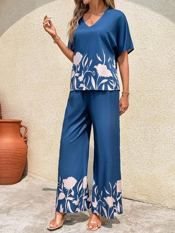 Clasi Women's Summer Casual Floral Printed Batwing Sleeve Shirt And Long Pants Set