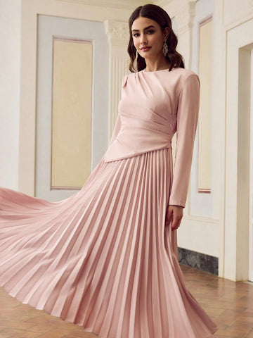 ZEYLAH SOLID RUCHED WAIST PLEATED HEM DRESS