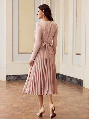 ZEYLAH SOLID RUCHED WAIST PLEATED HEM DRESS