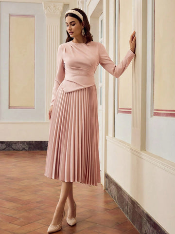 ZEYLAH SOLID RUCHED WAIST PLEATED HEM DRESS