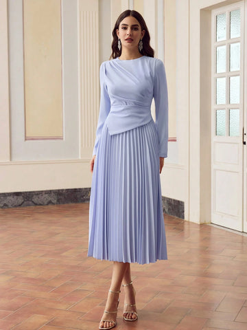 ZEYLAH SOLID RUCHED WAIST PLEATED HEM DRESS