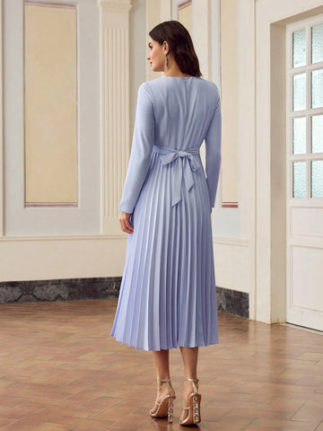 ZEYLAH SOLID RUCHED WAIST PLEATED HEM DRESS