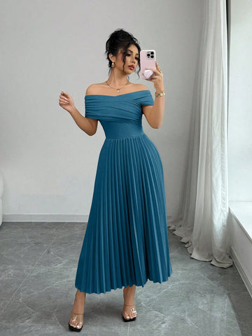 Elenzga Off Shoulder Pleated Waist Women's Elegant Dress