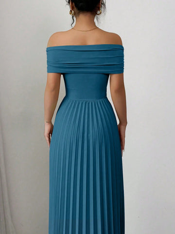 Elenzga Off Shoulder Pleated Waist Women's Elegant Dress