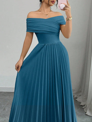 Elenzga Off Shoulder Pleated Waist Women's Elegant Dress