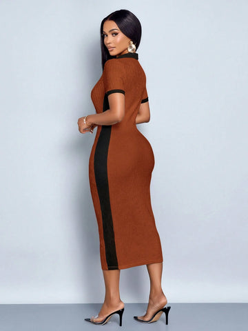 New Lapel V-Neck Short-Sleeved Slim Long Skirt Knitted Fabric Midi Dress