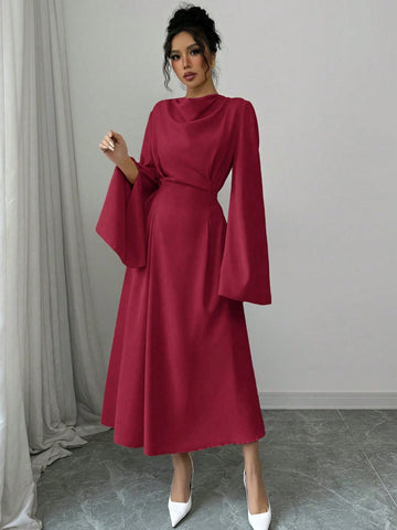 Women's Solid Color Turtleneck Flare Sleeve Elegant Dress
