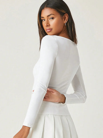 BASICS Women Solid Color Long Sleeve Fitted Casual Top