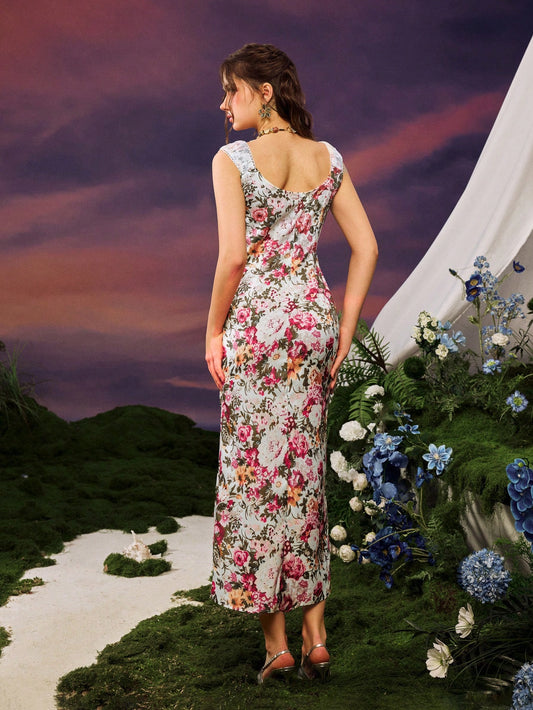 Dreamy Chic Sweetheart Neck Sleeveless Floral Print Dress With Front Lace Embroidery