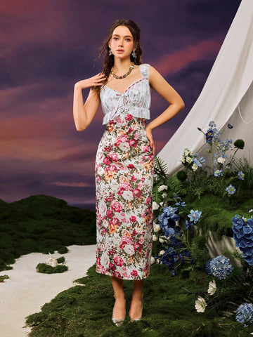 Dreamy Chic Sweetheart Neck Sleeveless Floral Print Dress With Front Lace Embroidery