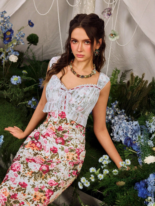 Dreamy Chic Sweetheart Neck Sleeveless Floral Print Dress With Front Lace Embroidery