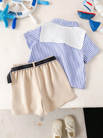 Baby Boy Summer Cute Striped Short Sleeve Shirt, Elastic Waist Shorts, Cape, Bowknot