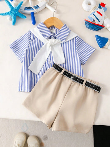 Baby Boy Summer Cute Striped Short Sleeve Shirt, Elastic Waist Shorts, Cape, Bowknot
