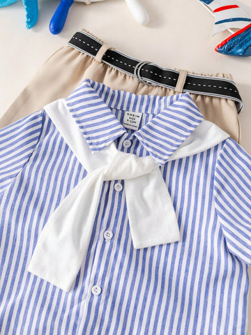 Baby Boy Summer Cute Striped Short Sleeve Shirt, Elastic Waist Shorts, Cape, Bowknot