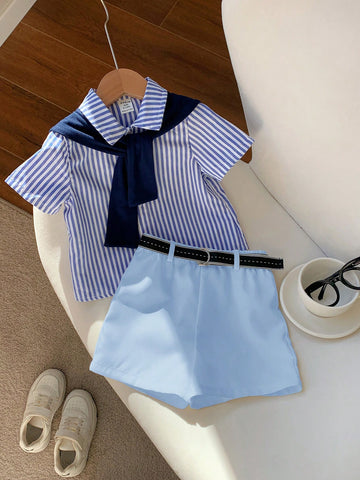 Baby Boy Summer Cute Striped Short Sleeve Shirt, Elastic Waist Shorts, Cape, Bowknot