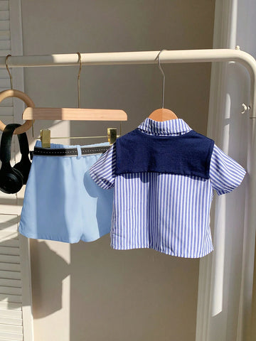 Baby Boy Summer Cute Striped Short Sleeve Shirt, Elastic Waist Shorts, Cape, Bowknot