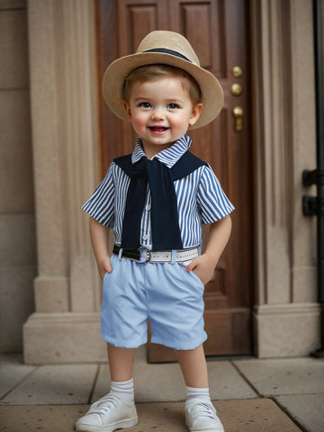 Baby Boy Summer Cute Striped Short Sleeve Shirt, Elastic Waist Shorts, Cape, Bowknot