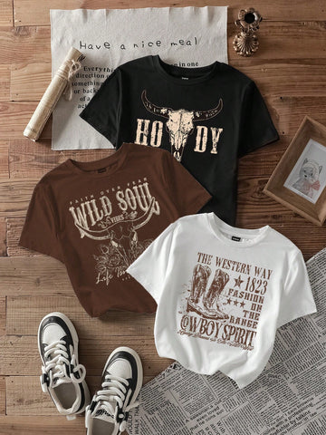 3pcs California Letter Graphic Round Neck Short Sleeve Cropped T-Shirt