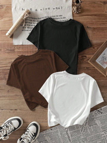 3pcs California Letter Graphic Round Neck Short Sleeve Cropped T-Shirt