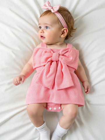 Baby Girls' Summer Casual Cute Car & Butterfly Knot Strap Striped Romper