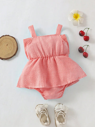 Baby Girls' Summer Casual Cute Car & Butterfly Knot Strap Striped Romper