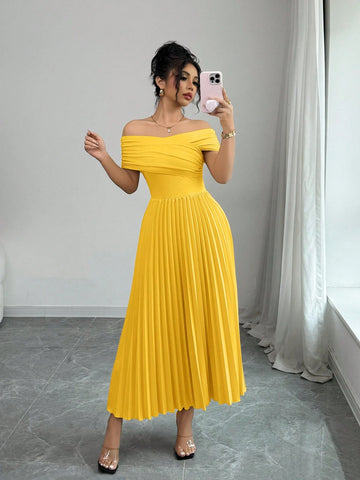 Elenzga Off Shoulder Pleated Waist Women's Elegant Dress
