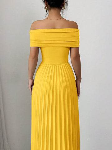 Elenzga Off Shoulder Pleated Waist Women's Elegant Dress