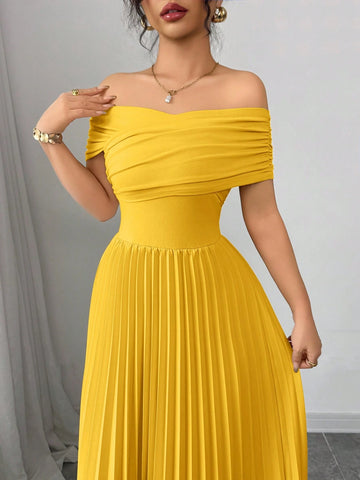 Elenzga Off Shoulder Pleated Waist Women's Elegant Dress